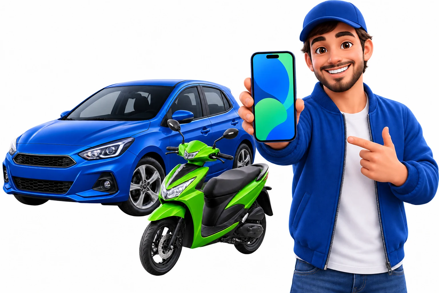 Motorista com carro, moto e celular